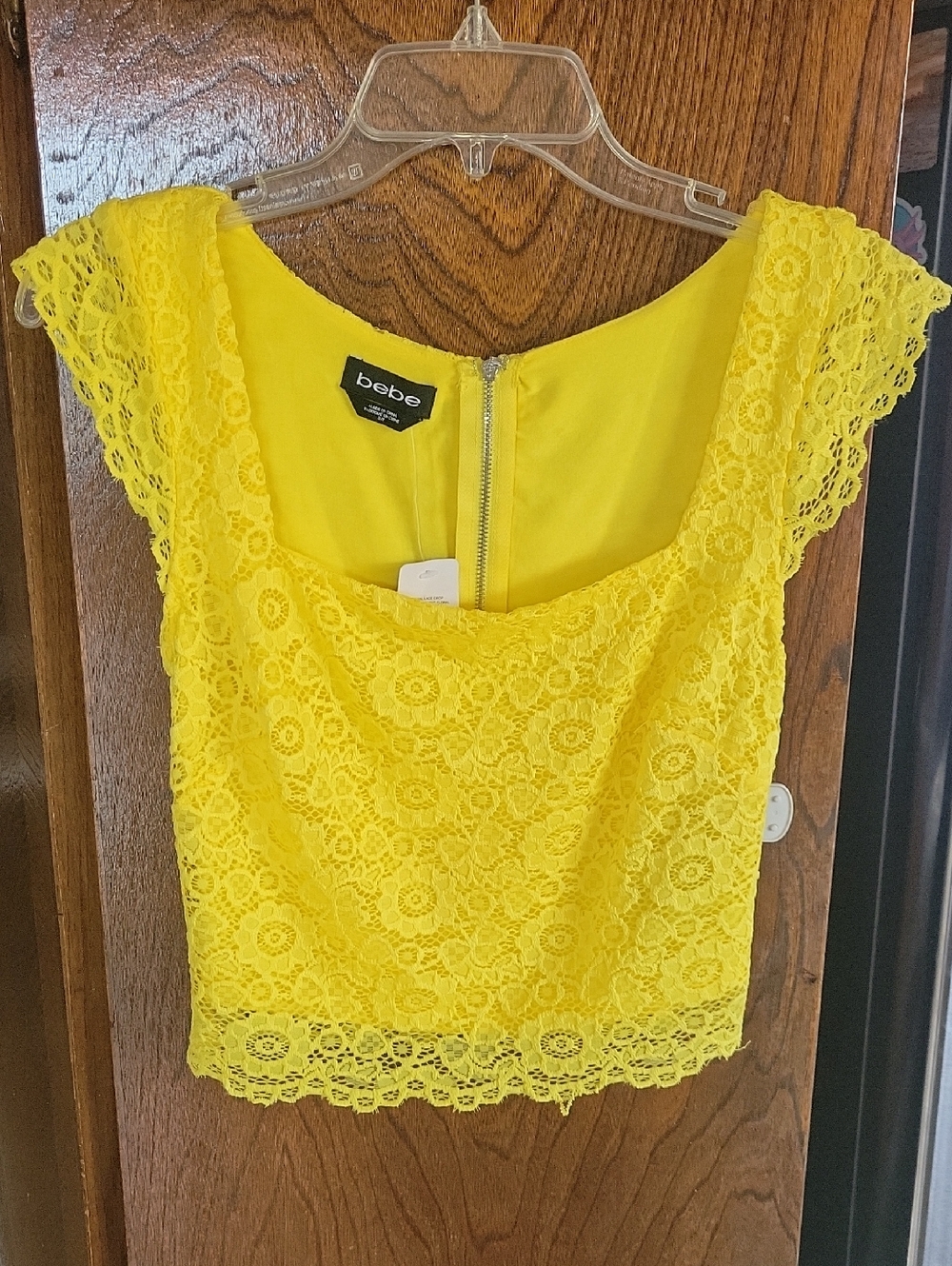 bebe Bright Yellow Floral Lace Cap-Sleeve Crop Top